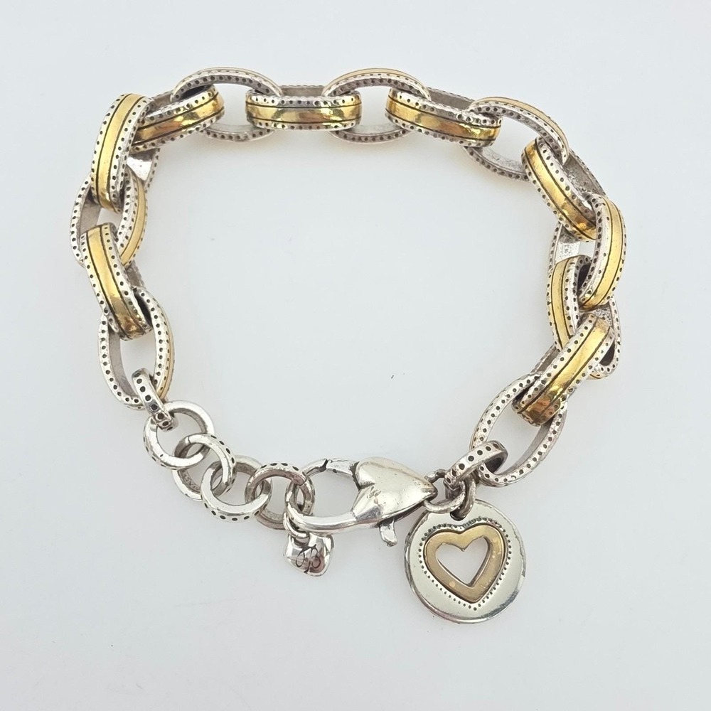 BRIGHTON 'Deja Vu' Bracelet Chunky Link Charm Reverse Heart Silver Gold Plate 8"